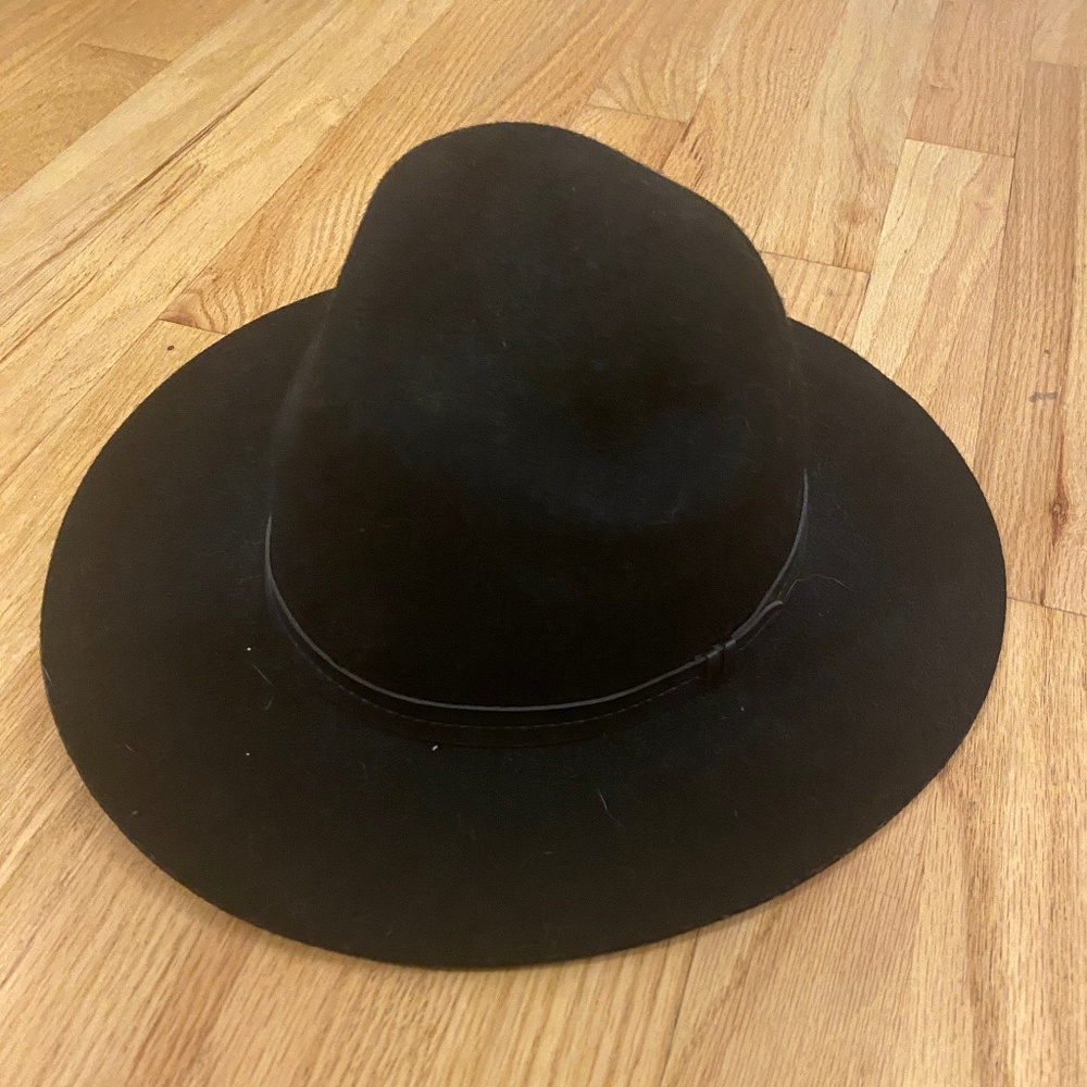 Eoote Vintage 100% Wool Black Hat with Leather-Tie Detail